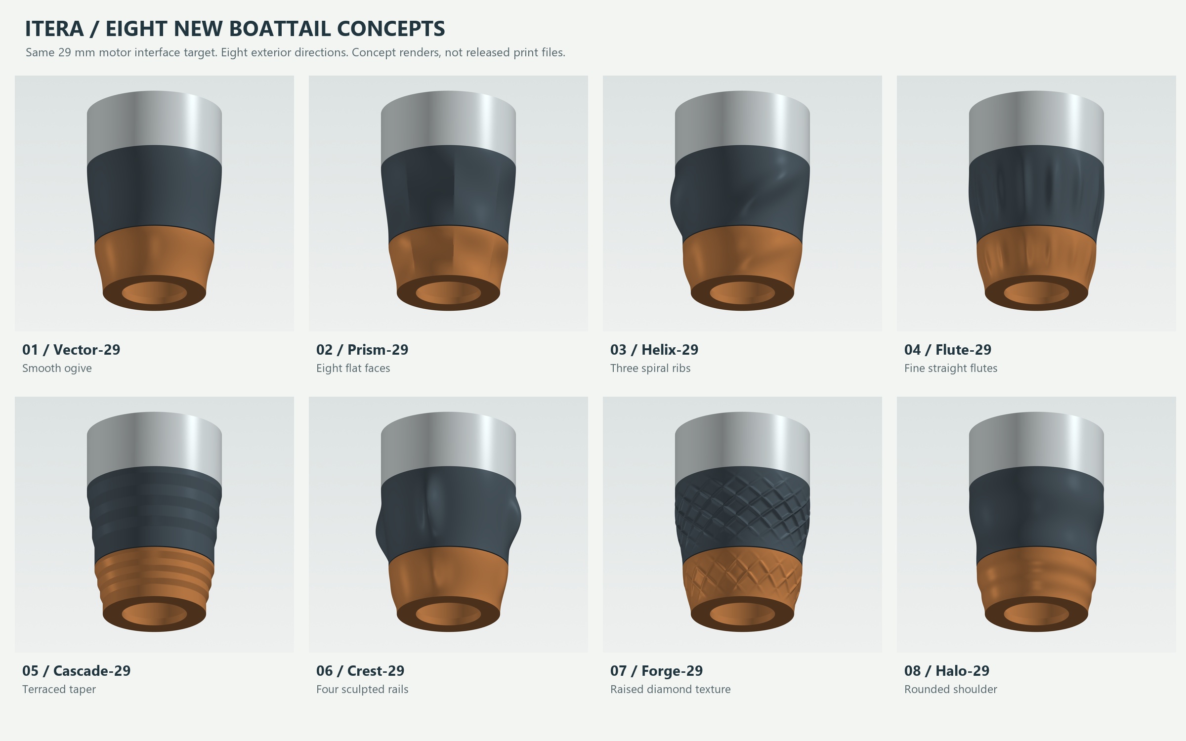 Eight new 29 mm boattail concept renders, from smooth and faceted to ribbed and diamond-textured shapes