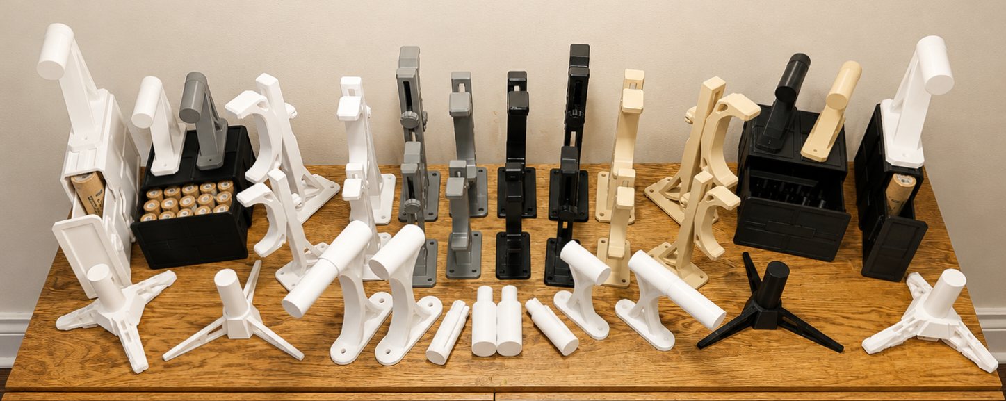 The full ITERA lineup of wall mounts, stands, and display hardware in white, gray, black, and tan